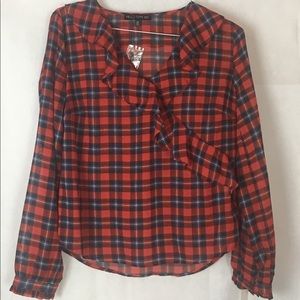Mixed Threads M Red Plaid Sheer Ruffle LS Top